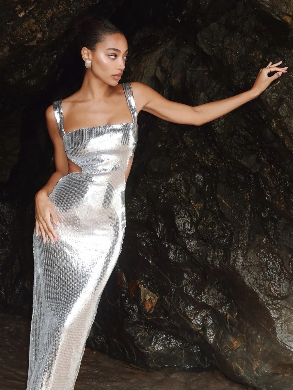 Meshki Adoria Silver Sequin Backless Evening Gown